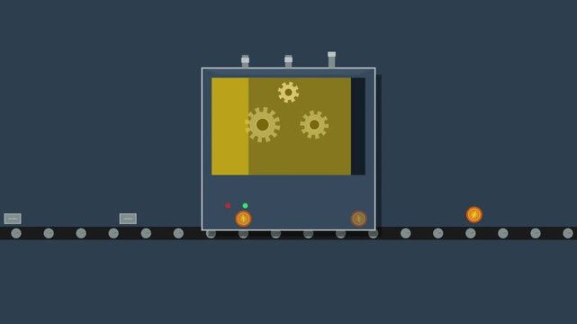 2D Flat Motion Graphic Animation of an Industrial Machine Processing Gray Materials into Gold Coins on a Conveyor Belt Symbolizing Business Value Creation Profit and Automated Logic Process