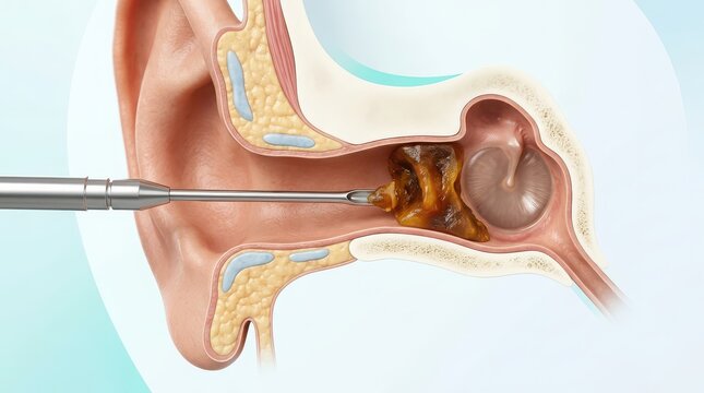 Medical Illustration of Ear Canal with Impacted Cerumen and Ear Curette human anatomy earwax