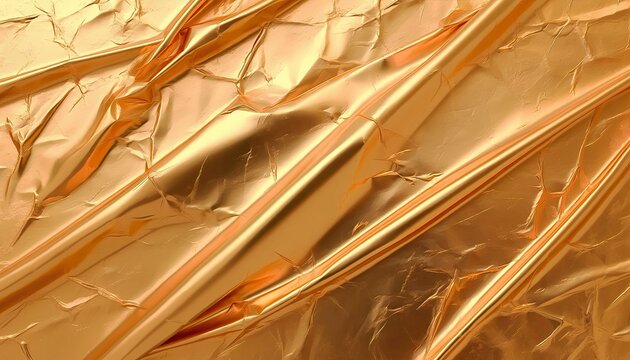 Gilded Texture: Close-up of a crumpled metallic surface in a rich golden hue, showcasing abstract patterns and reflective highlights.