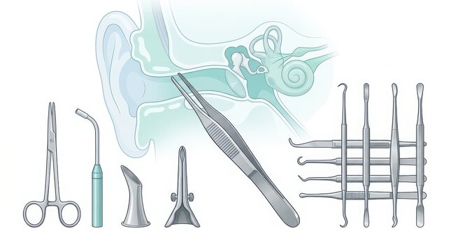 Medical Otology Instruments and Ear Anatomy Illustration surgical
