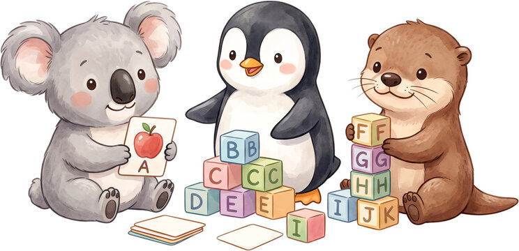 Cute Animals Learning Alphabet with Colorful Blocks. playful preschool illustration for early childhood education, kindergarten activities, and children's learning materials.