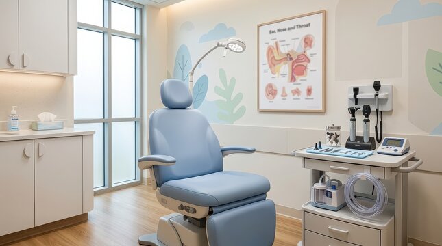 Pediatric ENT Examination Room with Blue Reclining Chair and Medical Equipment children's doctor ear nose throat