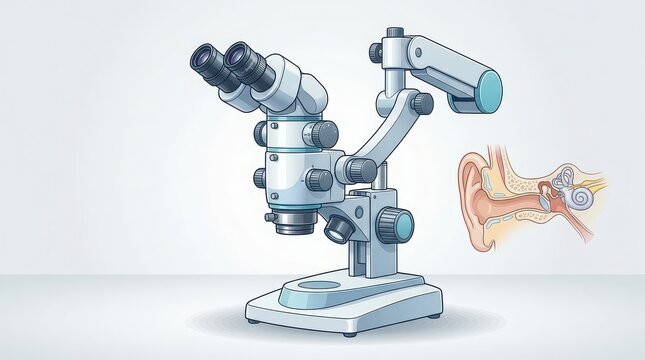 Scientific stereo microscope with anatomical illustration of human ear cross section laboratory science