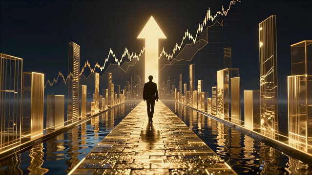 Silhouette walks toward glowing financial growth, arrows and charts illuminate futuristic cityscape.