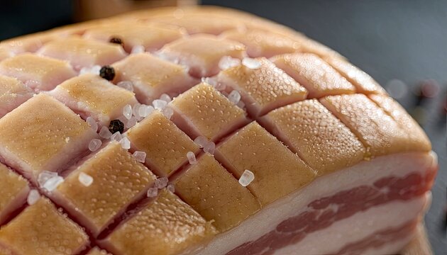 Pork Belly Ready for Cooking: A close-up view of a pork belly roast, scored and seasoned with coarse salt and black peppercorns, prepared for culinary creation.