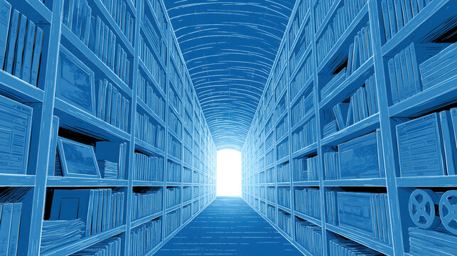 Bookshelves recede toward light