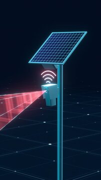 A vertical artifical intelligence security camera with a solar panel, wireless signal, and a red camera frustum.
