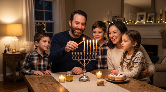 Father lighting a menorah with three children and their mother beside doughnuts on a wooden table