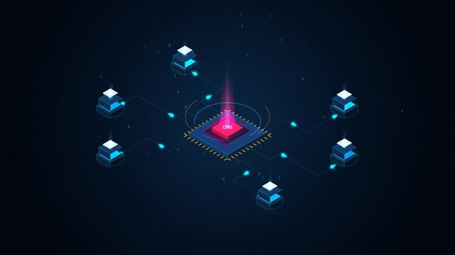 Futuristic isometric CPU microchip processor data flow animation on dark tech background