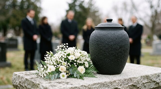Dark textured urn on a stone slab with white floral bouquet in front; blurred mourners in formal black stand behind among headstones, suggesting a funeral