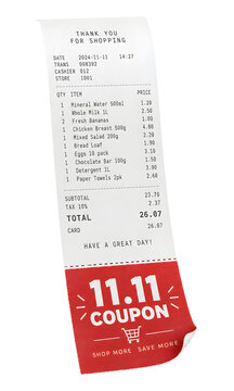 11.11 Coupon Shopping Receipt Isolated on Transparent Background PNG