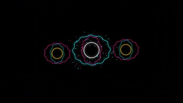 Glowing neon audio waves with circular spirographs pulsating on a dark black background