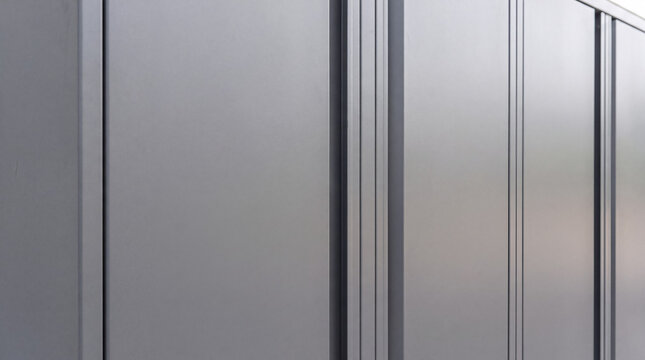 Gray metal facade paneling creating abstract architectural background and modern exterior texture