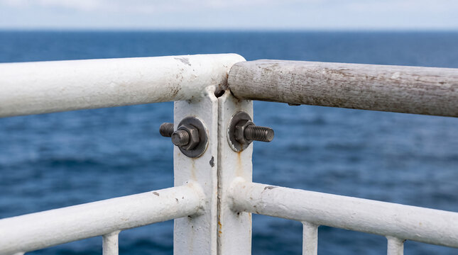 Ship deck railing with bolts securing metal and wood sections, overlooking the vast ocean horizon
