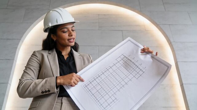 Facing camera professional woman unrolling blueprints and briefing in lobby with lit arch, hard hat