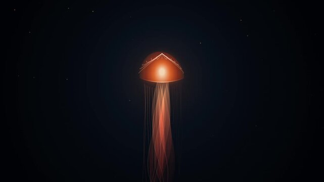 Luminous orange jellyfish floating gracefully in a dark deep sea minimalist animation
