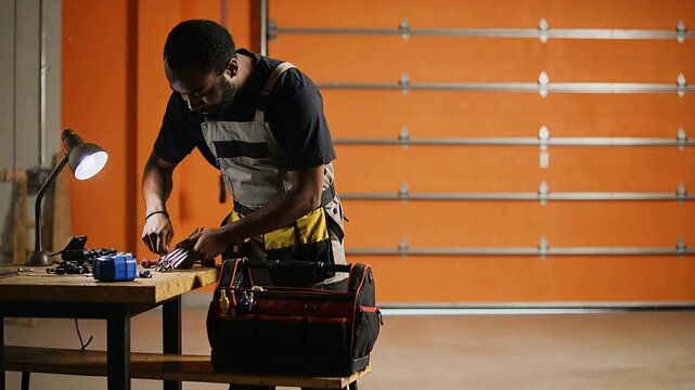 Arriving male tech in overalls, carrying tool bag, arranging tools on bench in garage for repair