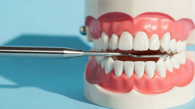 Dental model with a metal tool on a blue background