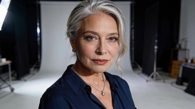 Posing senior turning as camera moving in holding gaze in studio for portrait with softbox navy-top