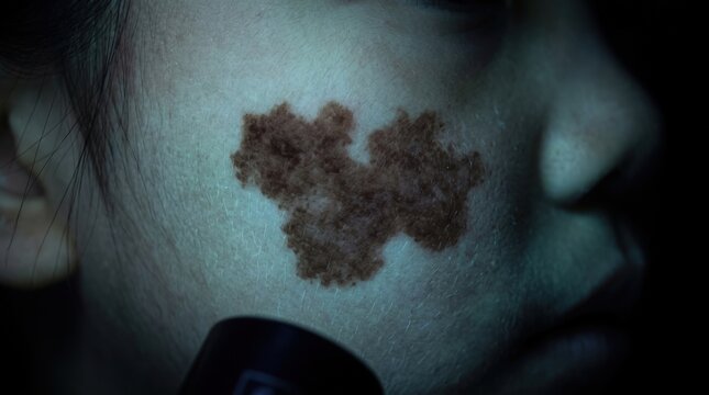 Sun damage pigmentation on youth face under ultraviolet light