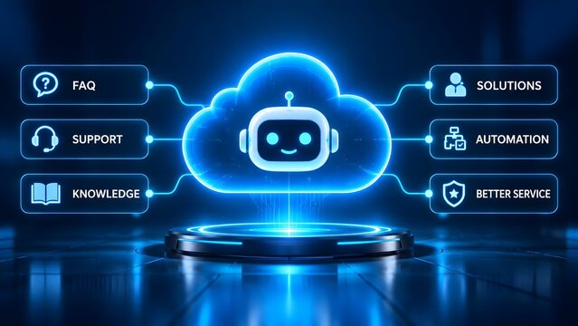 Cloud based customer support chatbot providing automated solutions and knowledge base integration on a glowing digital interface