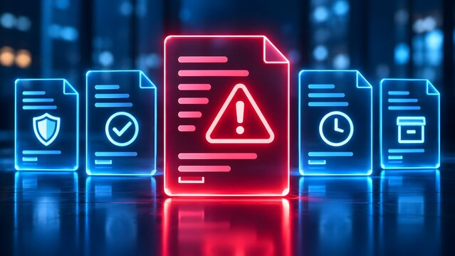 Critical document error alert concept showing a glowing red warning file among secure blue data folders in a digital archive