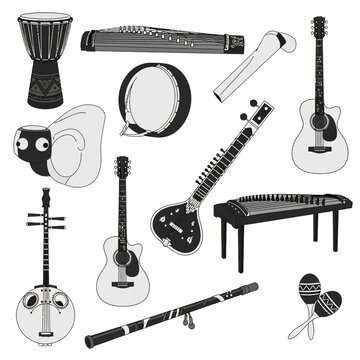 Diverse Musical Instruments Collection Isolated on Transparent Background - Vector Art