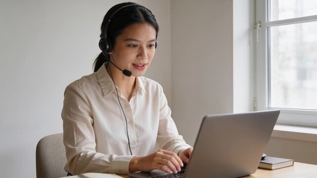 Typing woman in blouse joining call at desk near window, speaking into headset and adjusting laptop