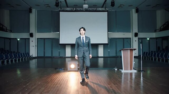Touching control, man in suit and tie turning on light box, walking center stage, preparing talk