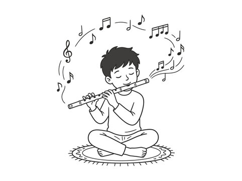 Black and white line drawing of a young boy playing a flute while sitting cross-legged on a mat, surrounded by musical notes.