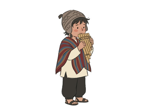 A cartoon illustration of a young boy wearing a chullo and poncho, playing a pan flute.