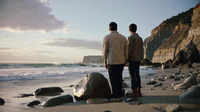 Walking two men exploring shore at low tide, touching wet boulder by cliffs wearing jackets