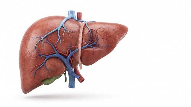 Anatomical illustration of human liver with detailed hepatic blood vessels and gallbladder for medical education and clinical research purposes