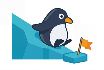 Fototapeta premium Cute penguin side profile sliding down an iceberg towards a flag