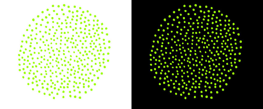 Minimalist green dot pattern in circular formation, abstract stipple effect on white and black backgrounds, decorative pointillism graphic