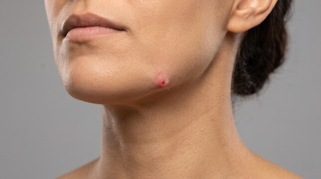 Close up of a large painful cystic pimple or inflamed acne nodule on female jawline, dermatology and skincare concept