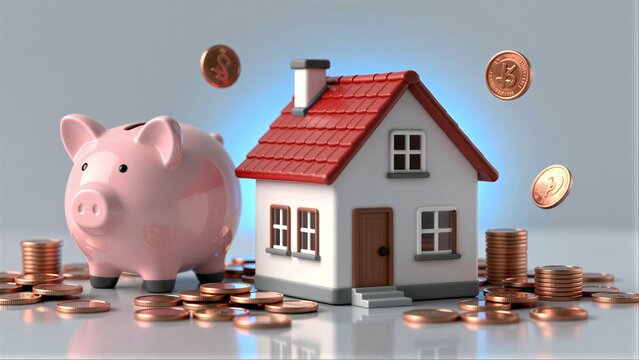 Pink piggy bank and house surrounded by coins, symbolizing savings for home ownership.