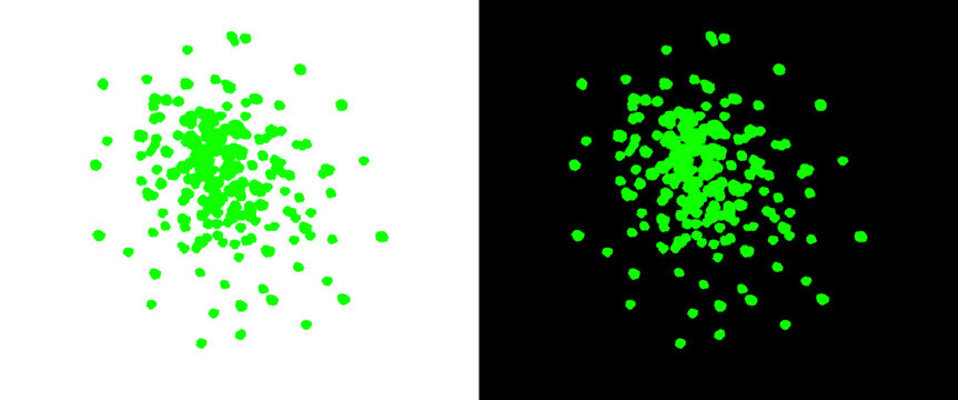 Neon green particle spray on black and white backgrounds, vibrant glowing dots in a circular cluster, abstract digital splatter effect for graphic design