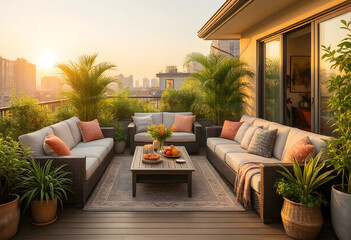 Obraz premium Luxury outdoor living and urban lifestyle, modern rooftop terrace with comfortable lounge furniture and sunset city skyline view for relaxation