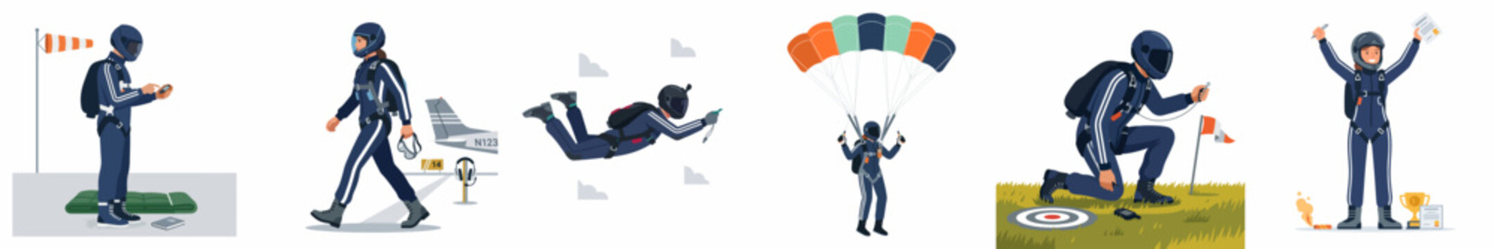Skydiver character set illustrating various phases of a parachute jump from preparation and freefall to landing and winning a trophy.