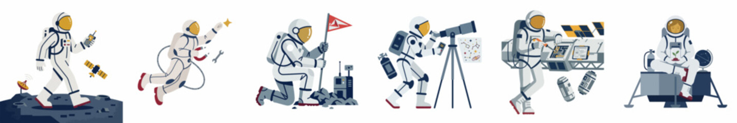 Set of Astronaut Character Illustrations Depicting Various Space Exploration Activities Including Moon Landing, Zero Gravity, and Scientific Research © Muqodimatul