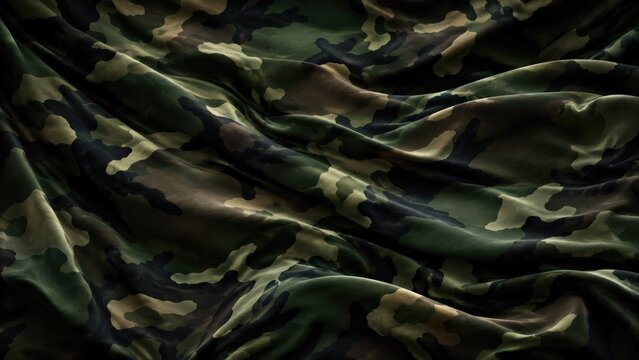 Military Camouflage Fabric Background with Realistic Folds and Dark Green Tactical Texture