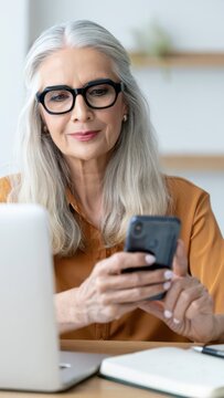 Mature woman reviewing hormone health app on smartphone beside laptop, inclusive femtech interface, digital menopause wellness management at home