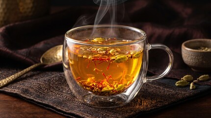 Fototapeta premium A steaming glass mug of saffron and cardamom herbal tea on a rustic cloth, showcasing a healthy wellness drink for relaxation.