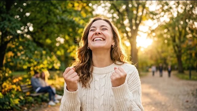 Delighted Woman Celebrates Good News Outdoors in Sunlit Park Experiencing an Unforgettable Happy Moment Gesture During Golden Hour Sunset