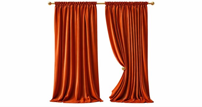 Luxury Orange Satin Curtains with Elegant Draped Folds on Gold Curtain Rod &ndash; Isolated on White Background