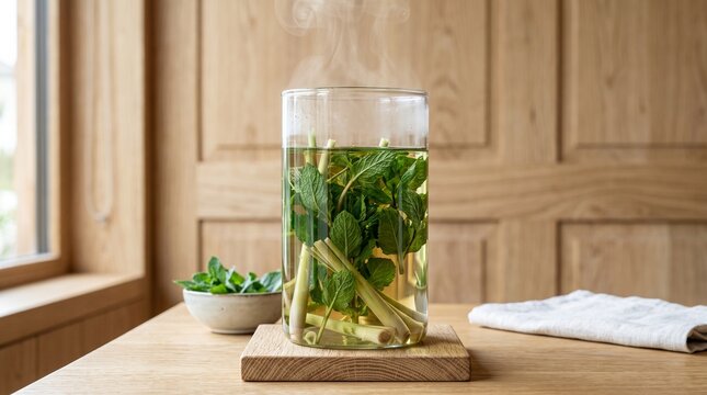 A steaming glass of fresh lemongrass and mint herbal tea on a wooden table, perfect for healthy relaxation and natural body detox.