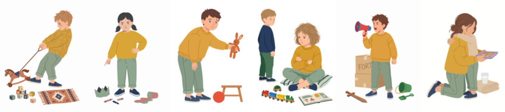 Collection of diverse children illustrations engaged in various play activities, featuring boys and girls with toys, books, and imaginative games on a white background.