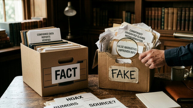 A hand searches through a messy cardboard box labeled fake next to an organized file crate labeled fact on an office desk, symbolizing research, information audit, and fact checking.