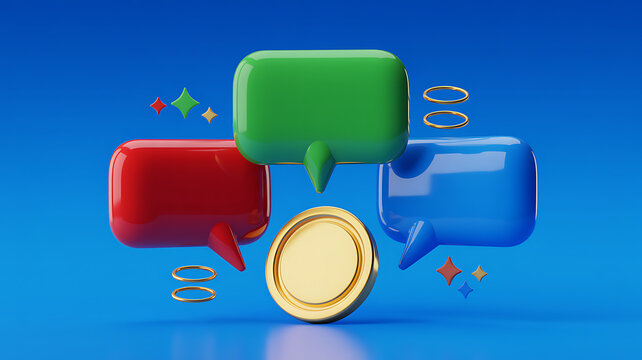 Three glossy speech bubbles in red, green, and blue colors floating above a single gold coin with small floating rings and colorful star icons on a solid blue background, 3D rendered